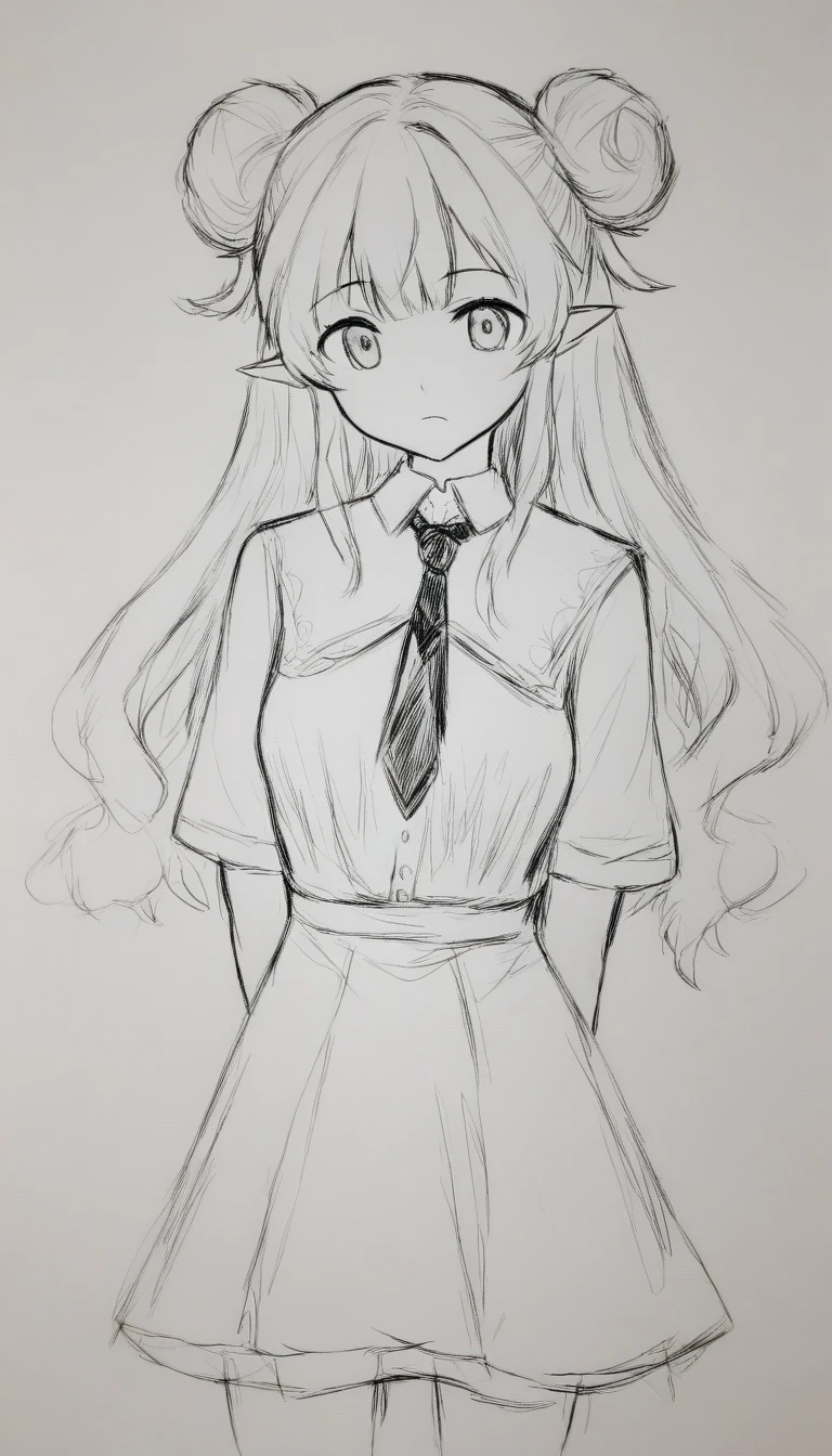 monochrome, lineart, rating:general, watercolor \(medium\), (graphite \(medium\), sketch:0.6), illustration, 1girl,20 years old,solo,long hair,white hair,finana,twintails,double bun,((white shirt,short sleeves,standart tie,skirt)),(white background,sketch),Mid-ground character