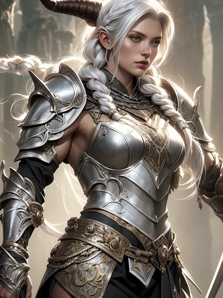 elaborate decorative silver battle armor, epic fantasy digital art, gray skin, female warrior, white hair, braids, muscular body, qunari, horns,