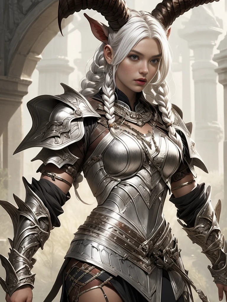elaborate decorative silver battle armor, epic fantasy digital art, gray skin, female warrior, white hair, braids, muscular body, qunari, horns,