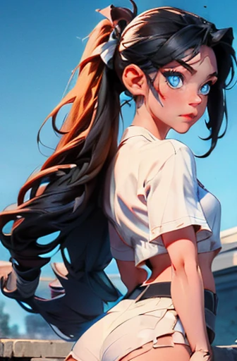 White girl, blue eyes, long black ponytail hair, big ass, micro white shorts, abs, white top, emphasis on the butt,