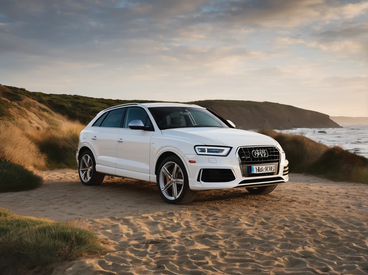 Rembrandt light,best qualityer,extremely detaild,cinematic lighting,8K,realisitic,awardwinning,fot,Low viewing angle,Shooting with camera,Canon 85 1.2,F4 aperture,8K,nffsw,AUDI Q3 2016 WHITE,Bright morning light on the seashore in the background,Casa Moderna Design Art Award,Design ultramoderno,Pritzker Prize,master works,(reflective car),