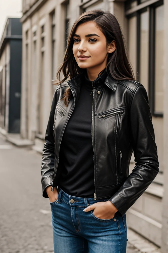 Fille qui touche sa veste en cuir 