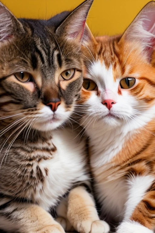 This image portrays two cats in a loving embrace. On the left, there's a tabby cat with its eyes closed, showing a contented facial expression with a slight smile, indicative of affection or comfort. Its ears are pointed and the inner ear is a pale pink, which matches its nose. This cat appears to be nuzzling the ginger cat beside it. The cat on the right is ginger, also with its eyes closed and a joyful, serene expression on its face. Its nose and the inner ears are light pink, similar to the tabby cat, and it has a few simple lines for whiskers. The ginger cat seems to be completely at ease, with its head gently resting against the tabby cat's face.