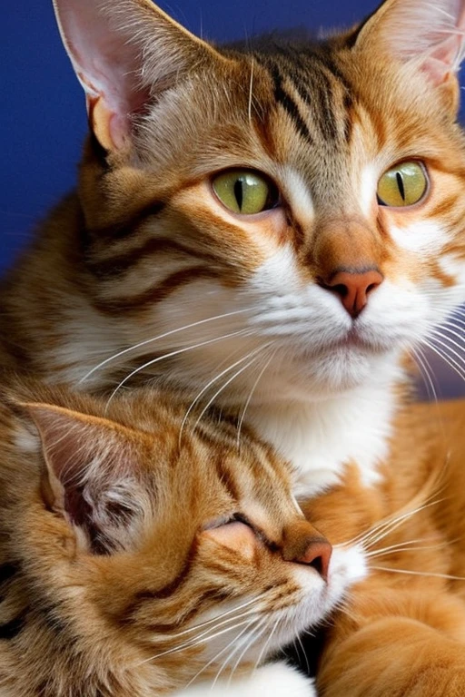 This image portrays two cats in a loving embrace. On the left, there's a tabby cat with its eyes closed, showing a contented  expression with a slight smile, indicative of affection or comfort. Its ears are pointed and the inner ear is a pale pink, which matches its nose. This cat appears to be nuzzling the ginger cat beside it. The cat on the right is ginger, also with its eyes closed and a joyful, serene expression on its face. Its nose and the inner ears are light pink, similar to the tabby cat, and it has a few simple lines for whiskers. The ginger cat seems to be completely at ease, with its head gently resting against the tabby cat's face.
