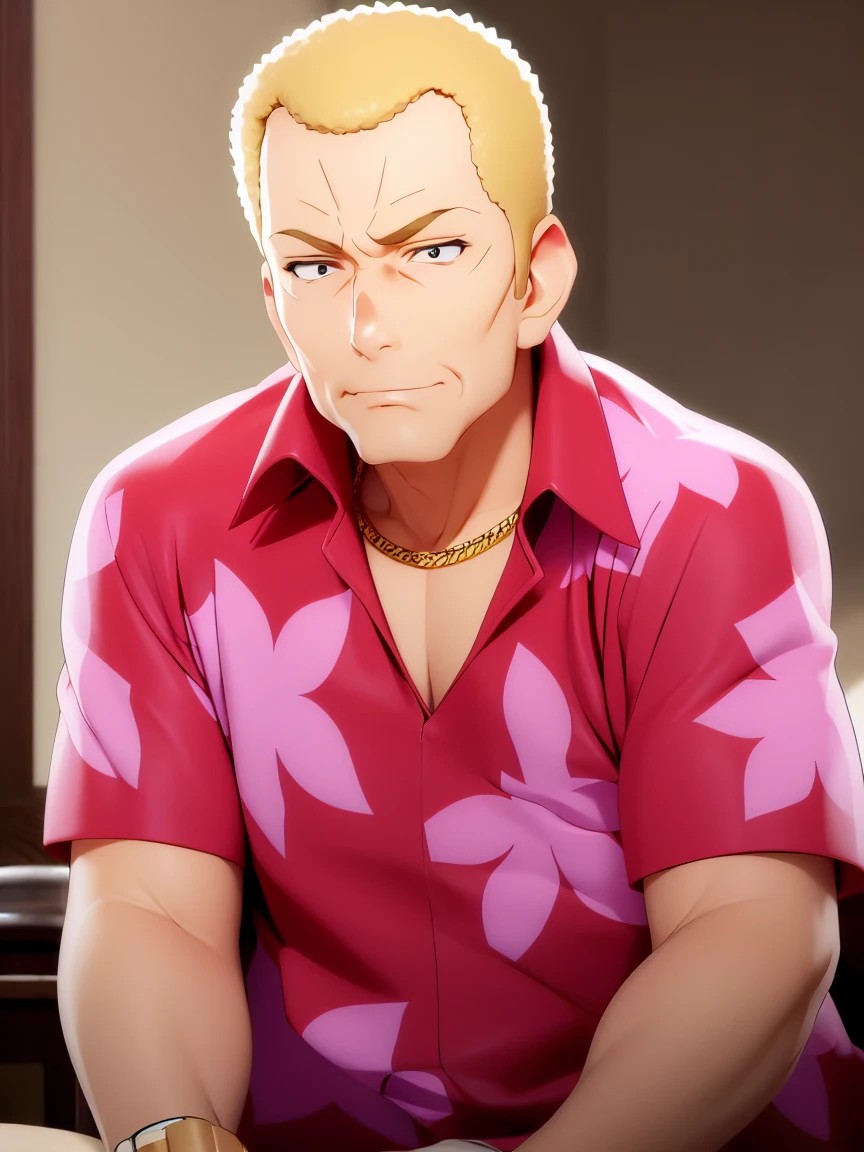 houjouteppei, middle-aged man, old man, red and pink hawaiian shirt, blonde hair, black eyes, short sleeves, white pants, necklace, wristwatch, cleft chin