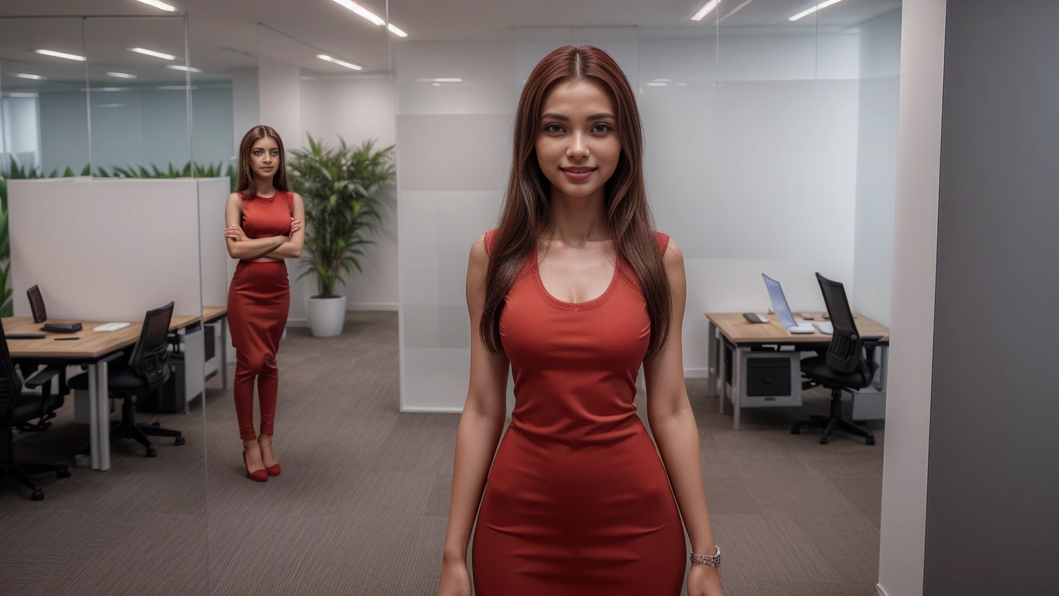 8k, masterpiece, RAW photo, best quality, photorealistic, extremely detailed CG unity 8k wallpaper, Depth of field, Cinematic Light, Lens Flare, Ray tracing, ((1girl:1.9)), ((standing alone:1.9)), ((19years old)), (beautiful and aesthetic:1.2), (extremely beautiful face, beautiful lips, beautiful eyes), intricate detail face, ((ultra detailed skin)), (big smile:1.2), deep shadow, (sharp focus), [((Raiana-Elizabeth-Dilla:1.9))], pretty girl, (very slim slender fit-muscled body:1.9), (((business-style fashion:1.9))), (((modern digital office:1.9))), (shiny skin), clear eyes, (pale skin), soft lighting, (flowing dark-black hair), (looking at viewer:1.9),highly detailed, ultra realistic, extremely detailed and realistic ((red:1.9)) clothes.