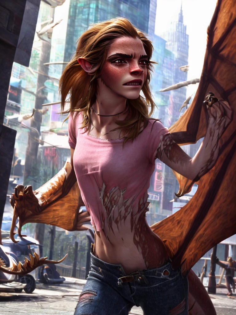 a beautiful girl with long brown hair, emma watson, sultry look, large breasts, ewt woman, transforming into a dragon, city street, t-shirt, jeans, clothes ripping, photo-realistic, intricate details, dramatic lighting, dark fantasy, cinematic, highly detailed, 8k, award winning, masterpiece, transformation, best quality