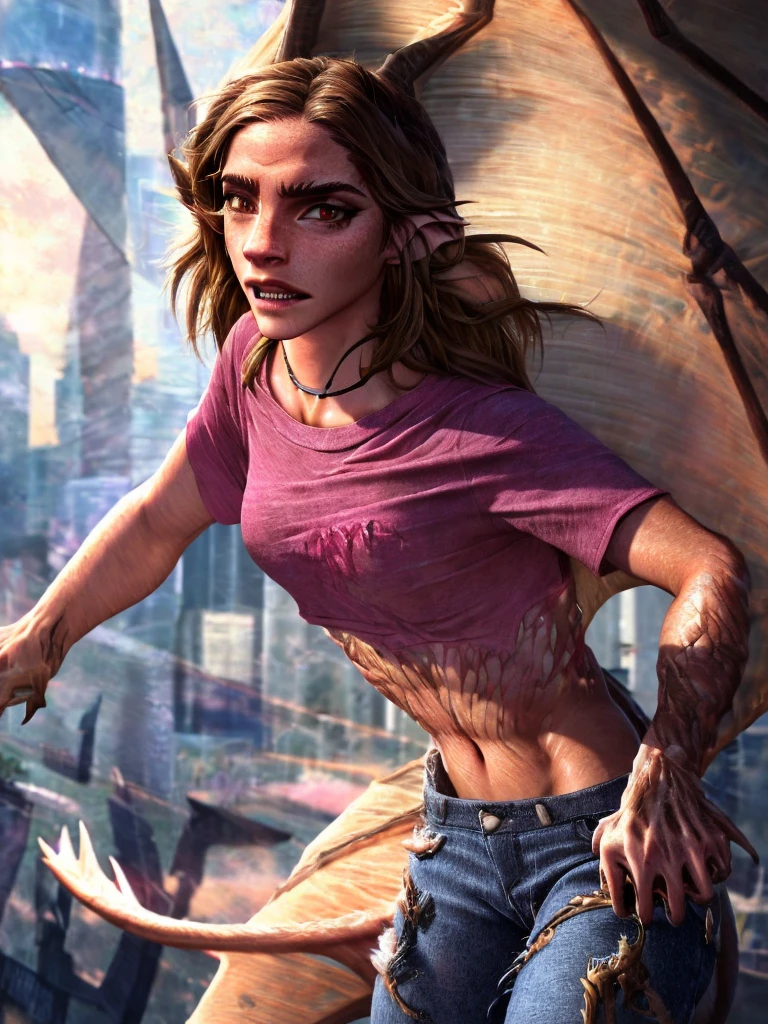 a beautiful girl with long brown hair, emma watson, sultry look, large breasts, ewt woman, transforming into a dragon, city street, t-shirt, jeans, clothes ripping, photo-realistic, intricate details, dramatic lighting, dark fantasy, cinematic, highly detailed, 8k, award winning, masterpiece, transformation, best quality