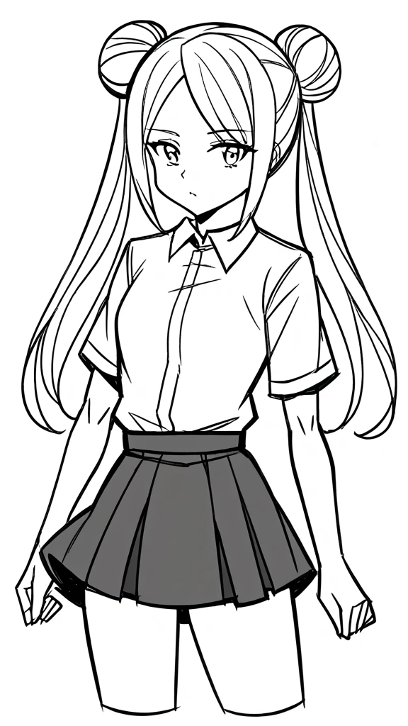 1 ,draw line,monochrome,(sketch:1.5),1girl,20 years old,solo,long hair,white hair,finana,twintails,double bun,((white shirt,short sleeves,standart tie,skirt)),(white background,sketch),Mid-ground character