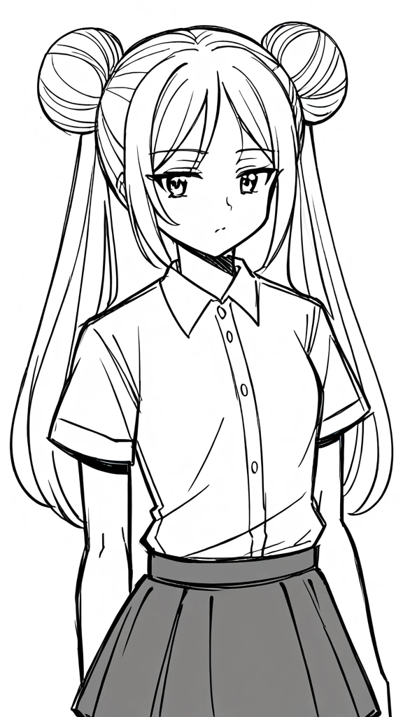1 ,draw line,monochrome,（sketch:1.5）,1girl,20 years old,solo,long hair,white hair,finana,twintails,double bun,((white shirt,short sleeves,standart tie,skirt)),(white background,sketch),Mid-ground character