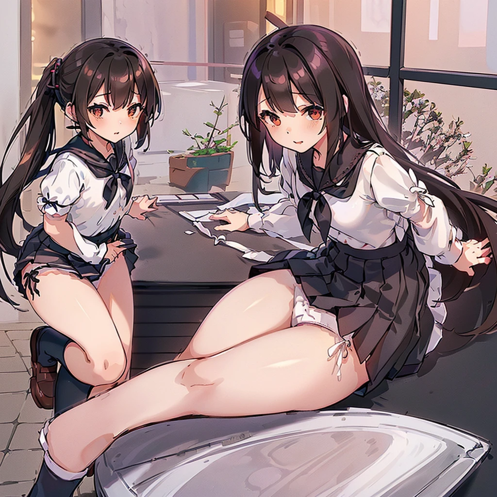 (((masterpiece, Highest quality, High resolution, 超High resolution, Pixel perfect, Written boundary depth, 4K, RTTX10.0, High resolution))), Beautiful Anime Women, Beautiful art style, Anime characters, ((Long Hair, bangs, Dark brown hair, ponytail)), ((Smooth texture, Realistic texture, Anime CG Style)), Perfect body, (Slender body:1.2), Exact finger count、Exact number of legs、(Exact number of arms:1.0, Exact number of hands:1.0), (Three women standing side by side, Lean your torso against the table to expose your ., Angle from above the back:1.3), (Fashionable white shirt, Sailor collar, Knee-high socks, loafers, Pleated :1.3), Realistic, Highest quality, High resolution, Perfect lighting, Highly detailed CG, (Perfect hands, Perfect ), (School classroom:1.3), Daytime lighting, whole body, ((Stylish shiny satin , side-tie white , Black lace trim :1.3)), (Beautiful and thin thighs、Beautiful little :1.3), in 
