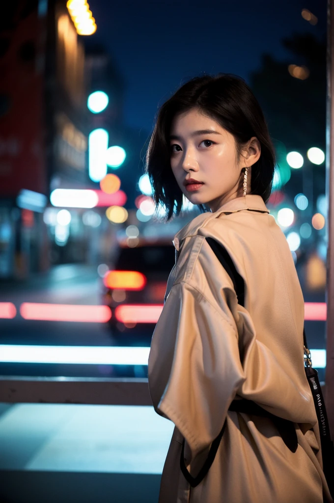 (Cinematic Aesthetic:1.4) Photo of a beautiful korean fashion model bokeh city night
