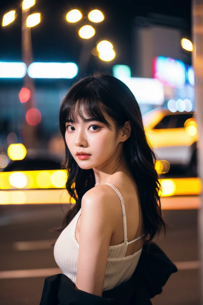 (Cinematic Aesthetic:1.4) Photo of a beautiful korean fashion model bokeh city night