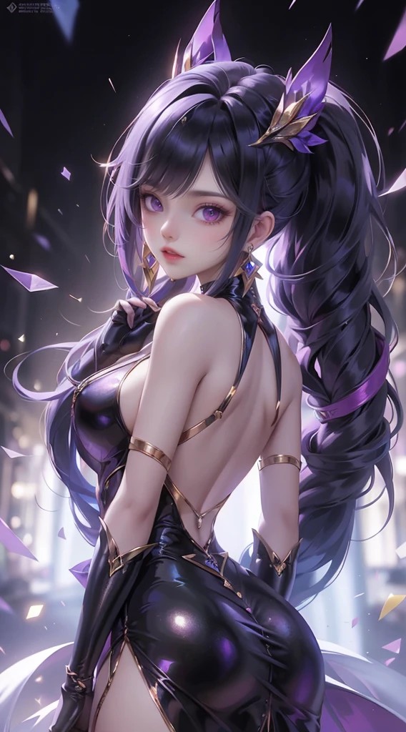 1girl, dress, long_hair, solo, high_heels, purple_hair, breasts, purple_eyes, looking_at_viewer, raiden_shogun, black_dress, jewelry, sideboob, holding, hair_ornament, earrings, black_footwear, sparkle, backless_dress, bangs, from_side, backless_outfit, very_long_hair, smile, hand_on_own_face, glint, bare_shoulders, halterneck, halter_dress, full_body, star_(symbol), hand_on_own_cheek, medium_breasts, bare_arms, closed_mouth, artist_name, blush, sleeveless