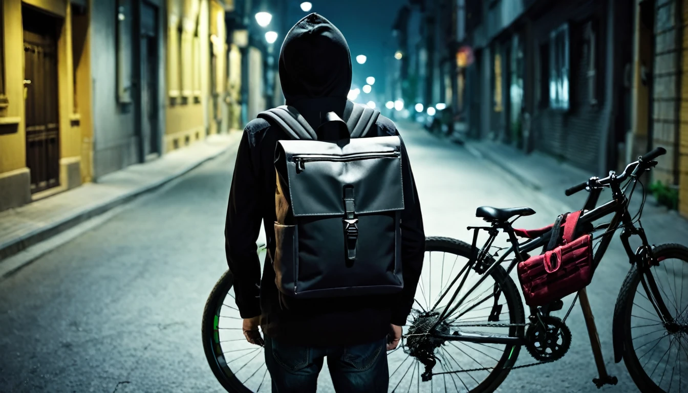 delivery man, square backpack on his back, next to the bicycle, sinister street, dark, macabre night