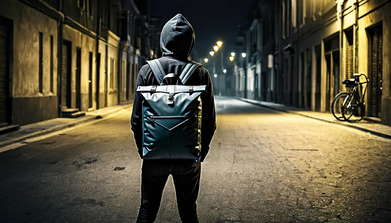 delivery man, square backpack on his back, next to the bicycle, sinister street, dark, macabre night