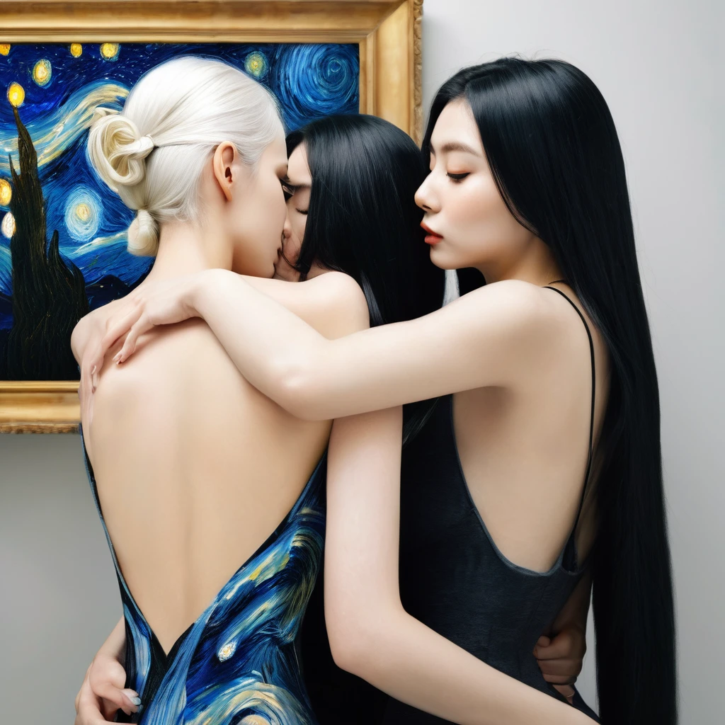 two girls hugging one girl with white hair dark makeup staring at the viewer painting on the other girl's back with a brush the picture of starry night by van gough and the other girl with a naked back facing the wall with her jet black hair down high definition facial features and body features eyes nose lips photo realistic 