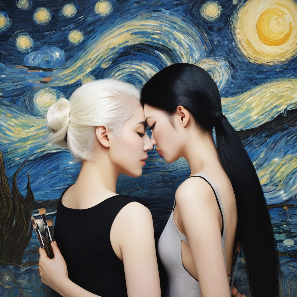 two girls hugging one girl with white hair dark makeup staring at the viewer painting on the other girl's back with a brush the picture of starry night by van gough and the other girl with a naked back facing the wall with her jet black hair down high definition facial features and body features eyes nose lips photo realistic