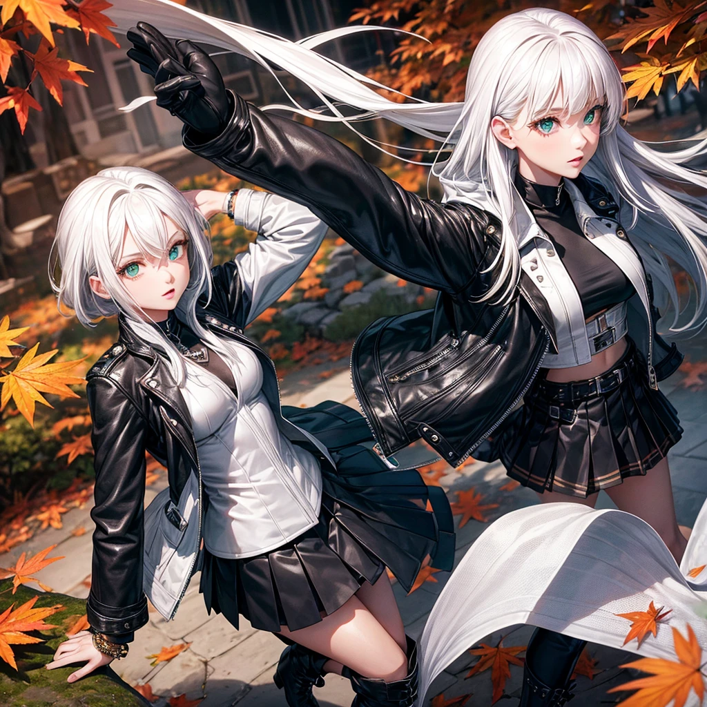 ultra quality, young woman, high, bright skin, White hair, Leather Jacket, slim, topic, skirt, black high boots, green eyes, Autumn, bracelets, park, for the whole growth