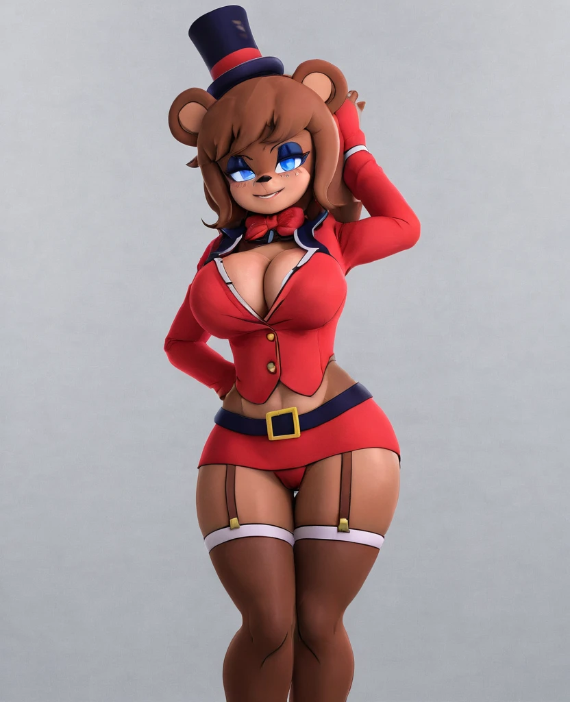 (best quality, masterpiece1.2), 1girl, solo, human, cally3d, (fredina), brown body, top hat, bear ears, stockings, woman, red hoodie, blue eyes, , detailed, extreme detail, perfect lighting, 4k, hood down,