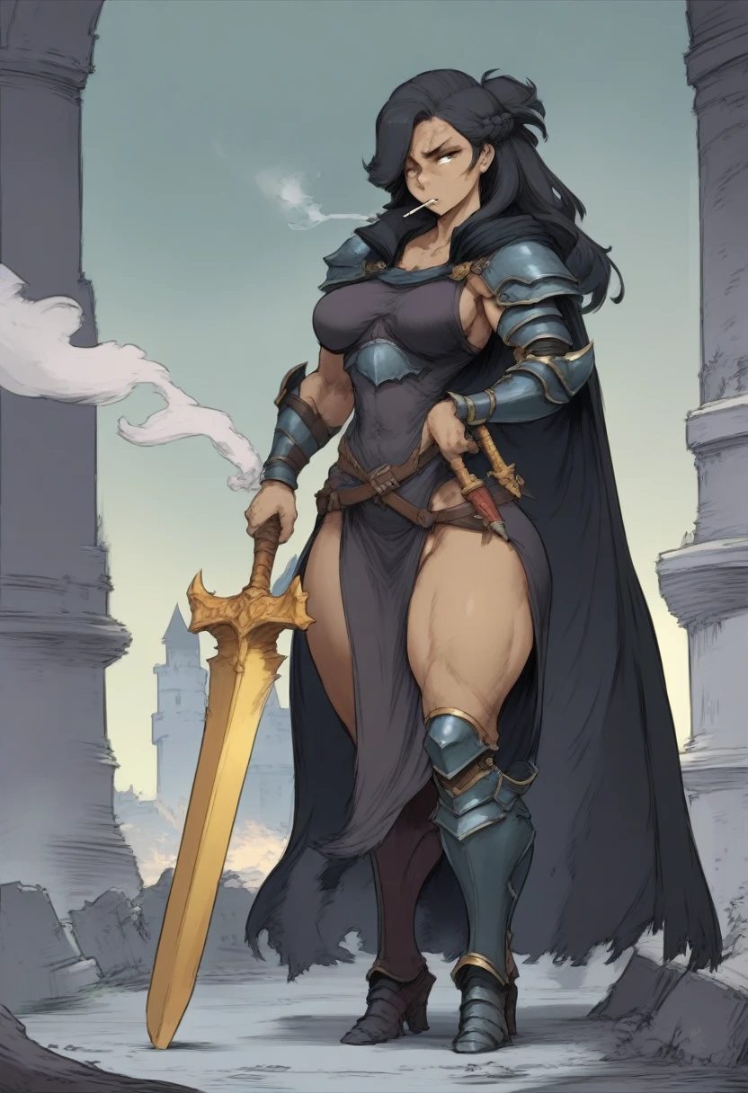 {{full body}} {{Artist: cutesexyrobutts)}} 1woman, french braid, long hair, muscular, tall, black hair, golden eyes, looking tired, scar over left eye, armored, black cloak, cape, black cape, looking down at viewer, smoking, dagger at hip, dagger, castle background, dark fantasy, cigarette in mouth, smoke from cigarette, detailed background, cold expression, armored, wearing armor, holding sword, golden sword, magical sword, holding sword in one hand, stern expression, 