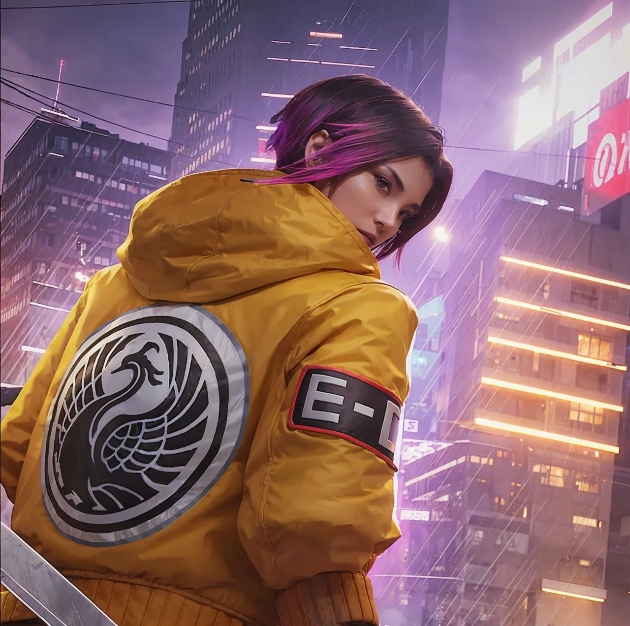  The image is a digital artwork of a female warrior in a cityscape at night, wearing a yellow jacket with a black emblem on the back.