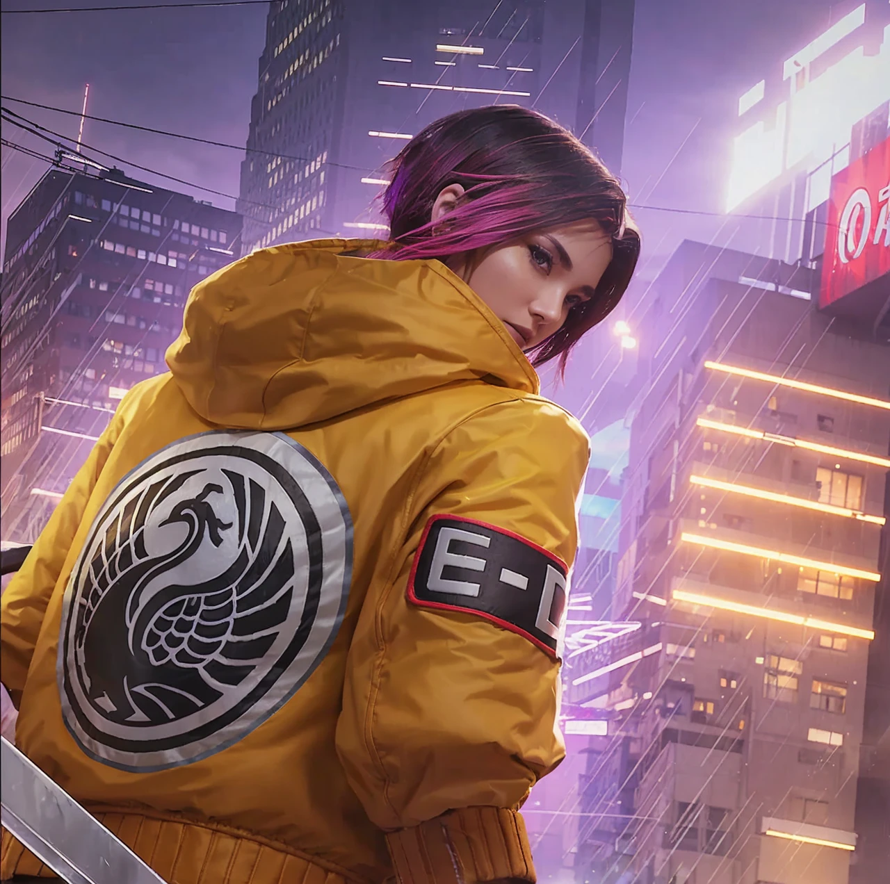 The image is a digital artwork of a female warrior in a cityscape at night, wearing a yellow jacket with a black emblem on the back.