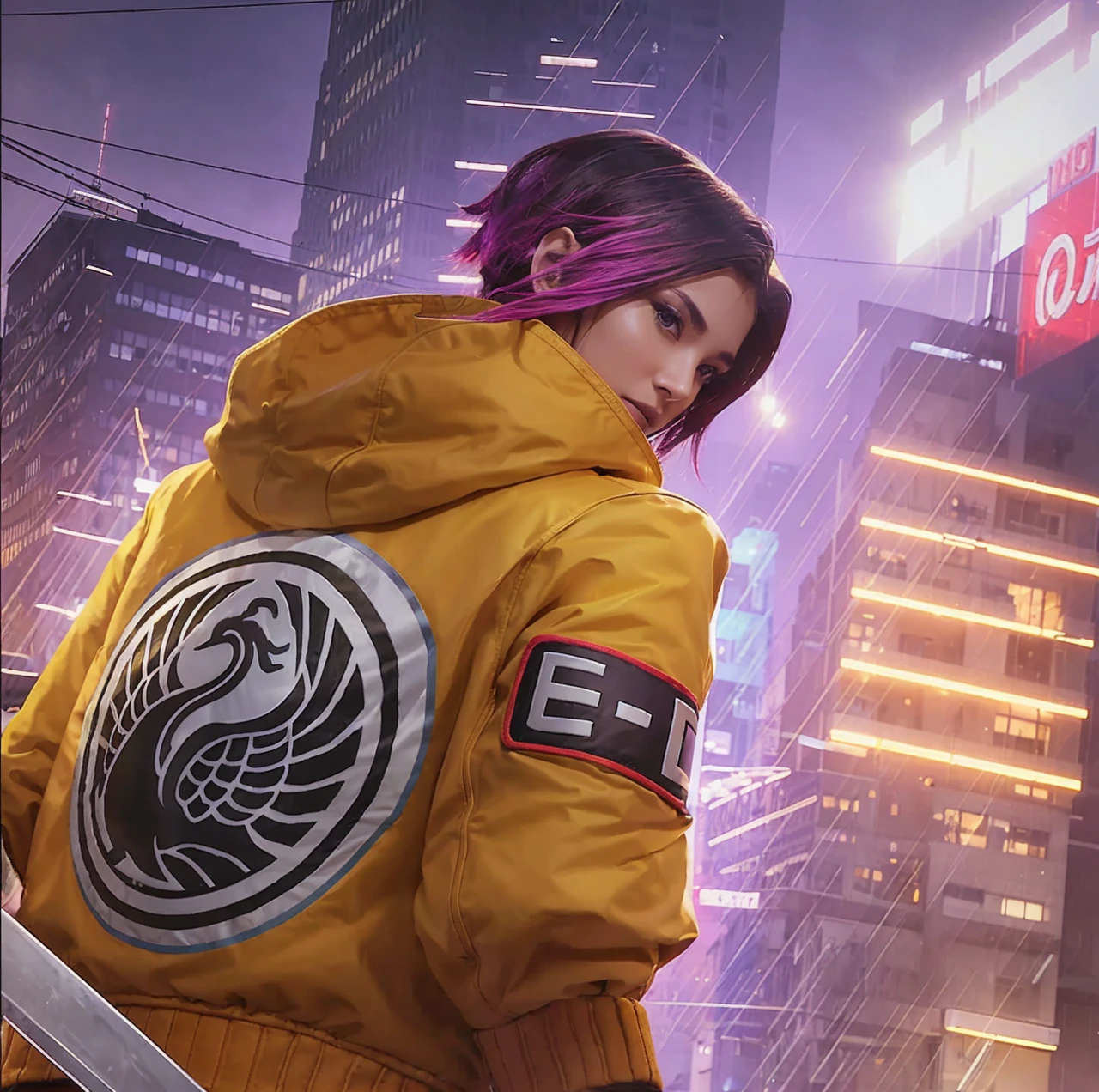The image is a digital artwork of a female warrior in a cityscape at night, wearing a yellow jacket with a black emblem on the back.
