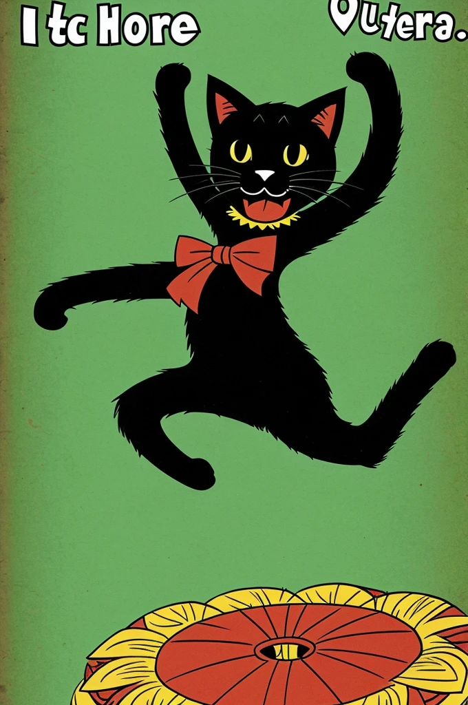 I want you to generate an old cartoon image of a black cat dancing hula Hula