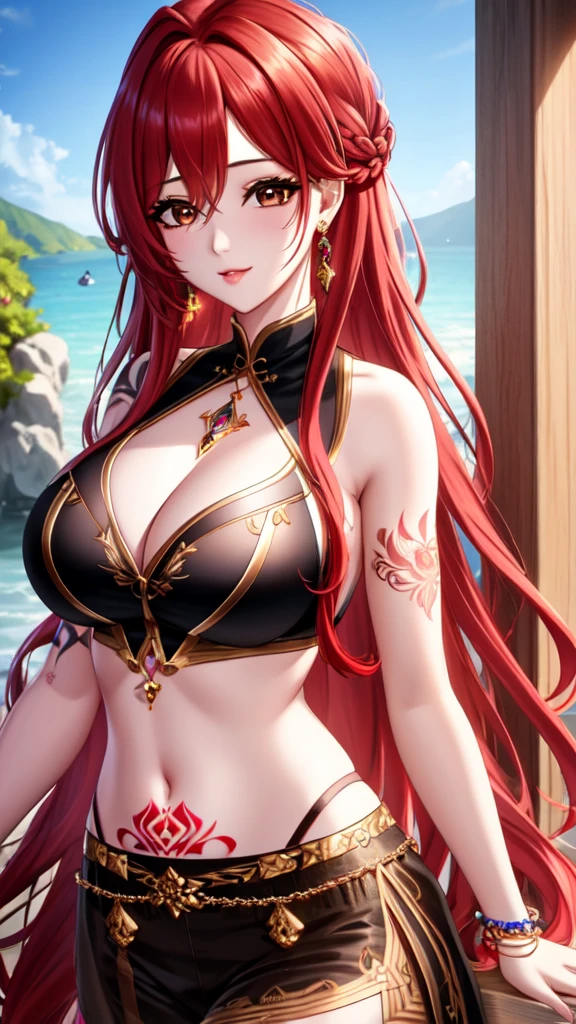 (extremely detailed CG unity 8k wallpaper), the most beautiful artwork in the world, 1girl, , solo, jewelry, earrings, long_hair, , red_hair, hair_over_one_eye, brown_eyes, looking_at_viewer, tattoo, large_, upper_body, arm_tattoo, kpop idol, jisoo