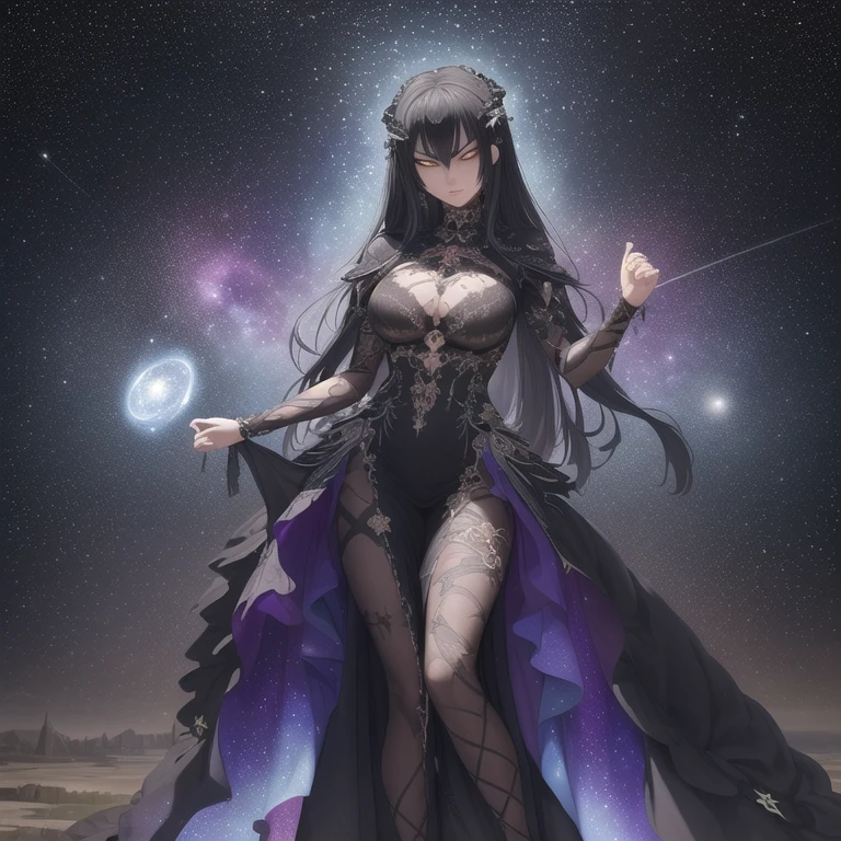 (masterpiece, top quality, best quality, official art, beautiful and aesthetic:1.2), (1girl), extreme detailed,(fractal art:1.3),colorful,highest detailed, (Flat color:1.1),(Colorful:1.3),(Masterpiece:1.2), Best quality, Masterpiece, Original, Full body photo, Very detailed wallpaper, Solo woman, starry night sky,Best quality, Masterpiece, (Realistic:0.6), Realistic lighting, Detailed, Complicated details, 4K, Line art, Fibonacci, 1 solo woman, black hair, goth queen, evil villainess, badass woman, beautiful gown, high-low dress, showing legs, dramatic dress, lots of embroidery, galaxy dress, night sky dress, celestial dress, evil goddess queen woman