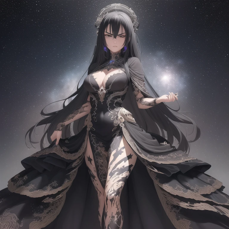 (masterpiece, top quality, best quality, official art, beautiful and aesthetic:1.2), (1girl), extreme detailed,(fractal art:1.3),colorful,highest detailed, (Flat color:1.1),(Colorful:1.3),(Masterpiece:1.2), Best quality, Masterpiece, Original, Full body photo, Very detailed wallpaper, Solo woman, starry night sky，Best quality, Masterpiece, (Realistic:0.6), Realistic lighting, Detailed， Complicated details， 4K， Line art， Fibonacci, 1 solo woman, black hair, goth queen, evil villainess, badass woman, beautiful gown, high-low dress, showing legs, dramatic dress, lots of embroidery, galaxy dress, night sky dress, celestial dress, evil goddess queen woman
