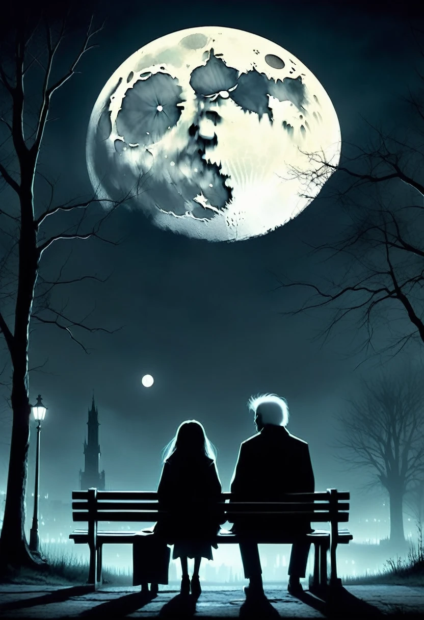 Ashley Wood style, dark scarlet background, chemiluminescence.  (Animation. Night, moon, city park, a guy and a girl are sitting on a bench holding hands and looking at the moon. Romance) (minimalism: 1), ray tracing details...Stephen Gammell style - Iai in the style of Stephen Gammell
