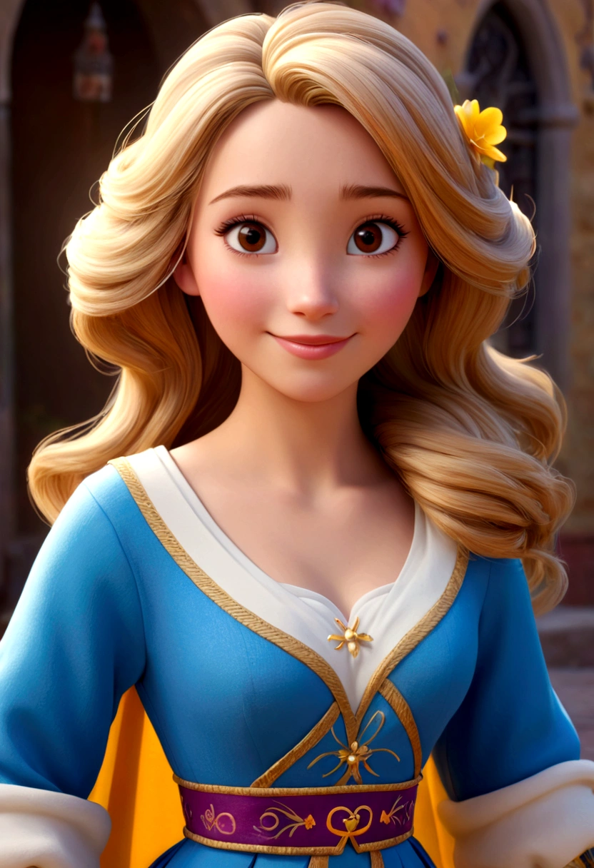 Generate a 3D model of a Disney character with light hair and brown eyes, wearing typical Saint John costumes, radiant and happy. The model must be detailed enough to support 16K resolution, capturing the character&#39;s joyful and vibrant essence.