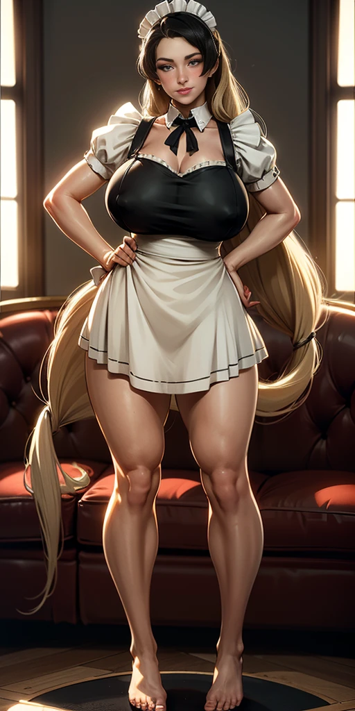 1girl enormous massive breasts , cute, ((Short black hair girl and long blonde hair girl)), maid victorian, maid apron, straight face, dazed, Body position: Standing, straight, symmetrical, barefoot, Lustful smile on face with red blush,