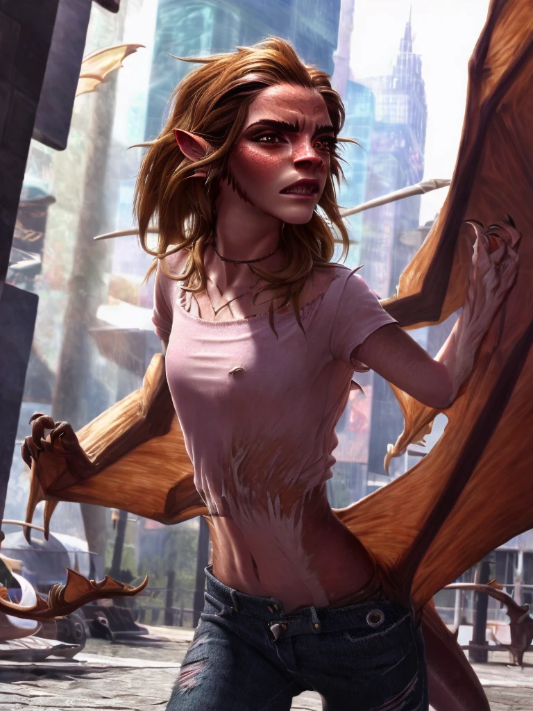 a beautiful girl with long brown hair, emma watson, sultry look, large breasts, ewt woman, transforming into a dragon, city street, t-shirt, jeans, clothes ripping, photo-realistic, intricate details, dramatic lighting, dark fantasy, cinematic, highly detailed, 8k, award winning, masterpiece, transformation, best quality