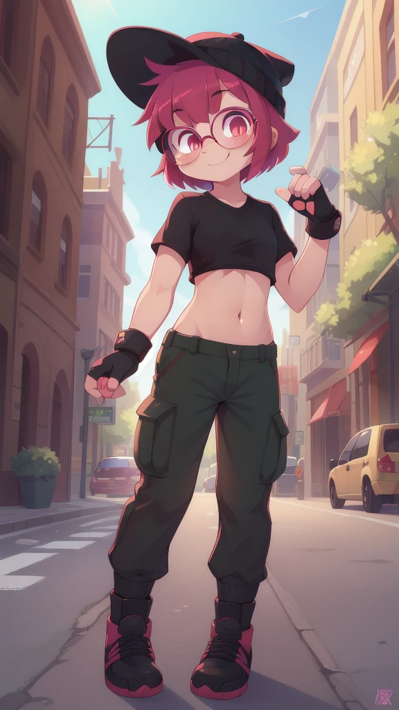 Furry girl, rabbit, solo, looking at viewer, short hair, rabbit ears, :3, smile, animal ears, beanie, pink eyes, bright pupils, magenta hair, red eyes, bangs, small breasts, full body, feets with three toes, 3 toes, ((black headwear, glasses, hat, under-rim eyewear, semi-rimless eyewear, black shirt, midriff, short green cargo pants, red toeless footwear, fingerless gloves)), street, clear sky,