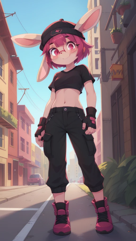 Furry girl, rabbit, solo, looking at viewer, short hair, rabbit ears, :3, smile, animal ears, beanie, pink eyes, bright pupils, magenta hair, red eyes, bangs, small breasts, full body, feets with three toes, 3 toes, ((black headwear, glasses, hat, under-rim eyewear, semi-rimless eyewear, black shirt, midriff, short green cargo pants, red toeless footwear, fingerless gloves)), street, clear sky,