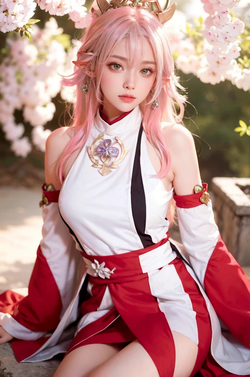 Realistic girl with white hair and green eyes sitting on a rock, elf girl, cute in a nice dress, white haired deity, alluring elf princess knight, elf princess, goddess, beautiful and elegant elf queen, loish and wlop,  in dress, fey queen of the summer forest, detail and realistic body, chubby face,