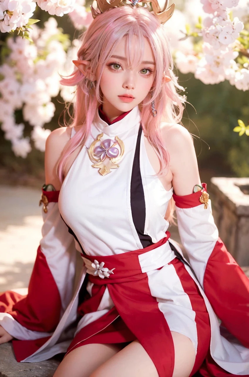 Realistic girl with white hair and green eyes sitting on a rock, elf girl, cute in a nice dress, white haired deity, alluring elf princess knight, elf princess, goddess, beautiful and elegant elf queen, loish and wlop,  in dress, fey queen of the summer forest, detail and realistic body, chubby face,