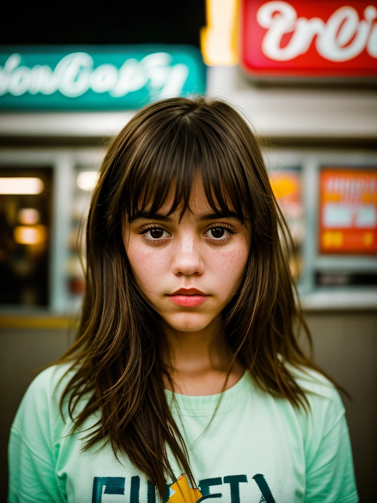 Close-up portrait photo of a young brunette woman taken at a convenience store during the night, low quality image, exhibiting a grainy texture, jpg artifacts, film grain, gritty, raw aesthetic