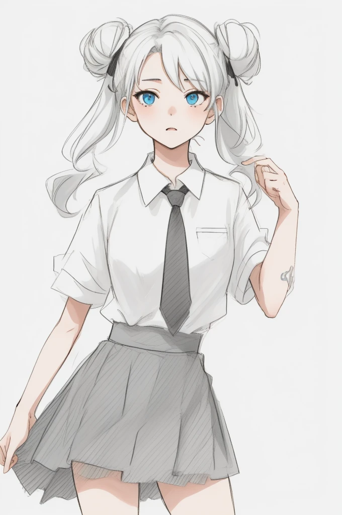 (masterpiece, top quality: 1.2), super detailed, cinematic lighting, HDR, sketch, half-drawn sketch, detailed pencil drawing, 1girl,20 years old,solo,long hair,white hair,finana,twintails,double bun,((white shirt,short sleeves,standart tie,skirt)),(white background),Mid-ground character