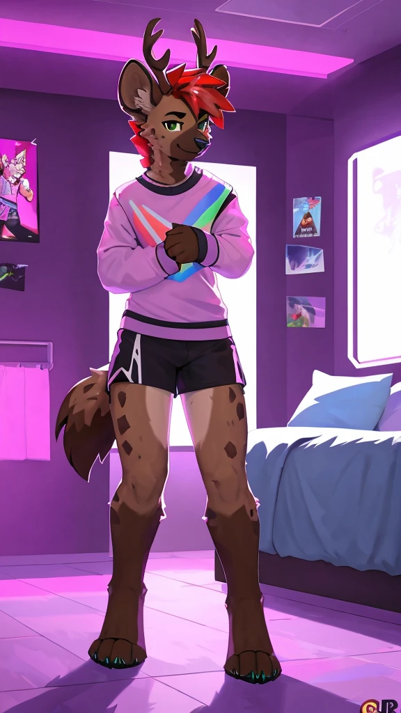 score_9, score_8_up, score_7_up, score_6_up, score_5_up, score_4_up, BREAK (sfw), One anthro, furry, hyena, deer antlers, dark hyena spots, white fawn spots, light brown fur, hyena face, hyena paws, paw feet, cute paw feet, one red eye one green eye, different color eyes, heterochromia, bright red hair, neon hair, dyed hair, mullet hairstyle, twink, femboy, femboy jock, thin body, slim body, thick thighs, big round ass, wearing tiny pijama shorts and a knitted cropped sweater shirt falling one shoulder, standing next to a open window, stretching, early morning, sun rise, gamer set up, college bedroom background, posters on the wall, transgender pride flag, rainbow flag, led lights, pink blue and white clothes color scheme, blue pink and purple background color scheme, soft lighting, cyberpunk, technology, futuristic, full body,
