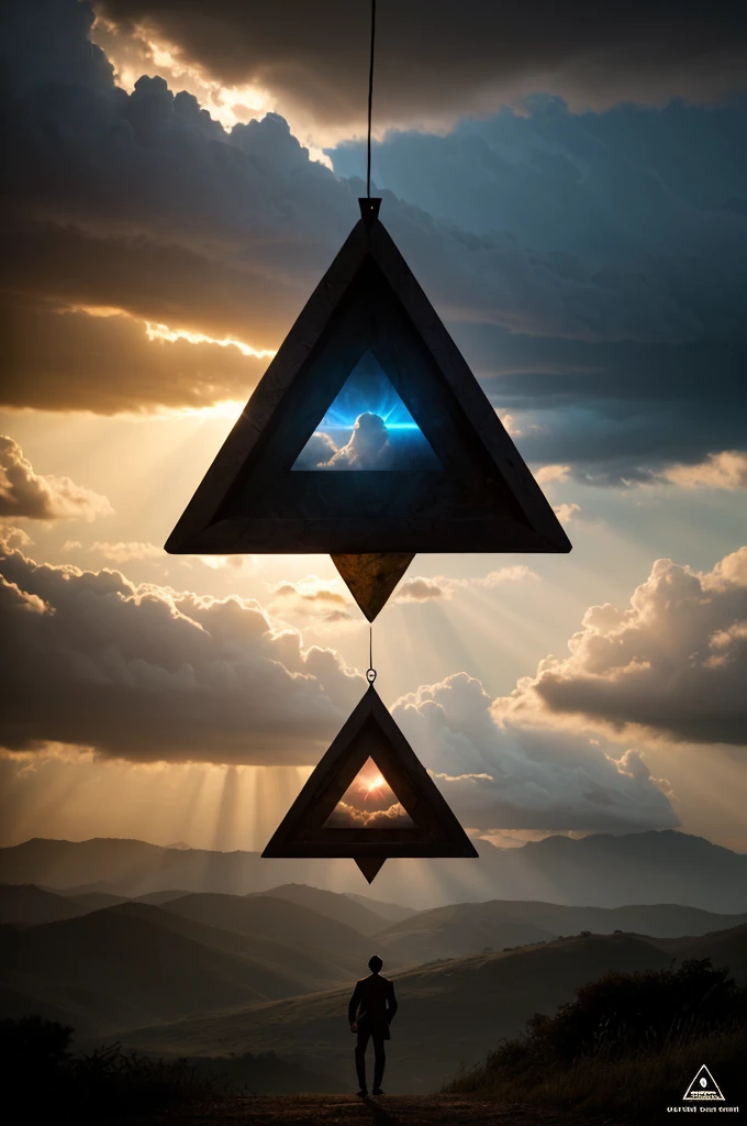 (sacred triangle:1.3) illuminated with ethereal light, set against a dramatic sky, ((dynamic clouds)), high contrast between light and darkness, (cinematic lighting:1.2), inspired by (Greg Rutkowski:1.1), (Hayao Miyazaki:1.1), ((dreamlikeart style)), heavenly ambiance, 8K resolution, majestic, awe-inspiring, highly detailed, photorealistic