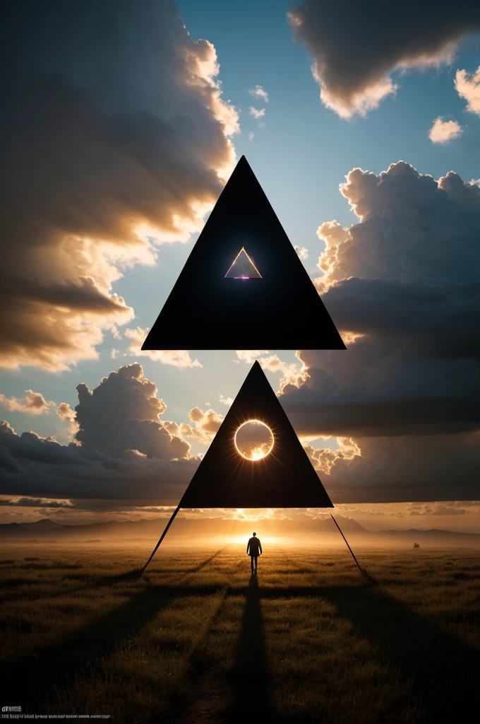 (sacred triangle:1.3) illuminated with ethereal light, set against a dramatic sky, ((dynamic clouds)), high contrast between light and darkness, (cinematic lighting:1.2), inspired by (Greg Rutkowski:1.1), (Hayao Miyazaki:1.1), ((dreamlikeart style)), heavenly ambiance, 8K resolution, majestic, awe-inspiring, highly detailed, photorealistic