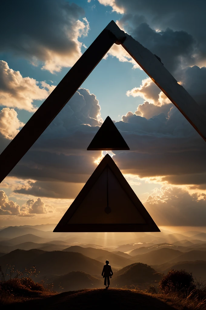 (sacred triangle:1.3) illuminated with ethereal light, set against a dramatic sky, ((dynamic clouds)), high contrast between light and darkness, (cinematic lighting:1.2), inspired by (Greg Rutkowski:1.1), (Hayao Miyazaki:1.1), ((dreamlikeart style)), heavenly ambiance, 8K resolution, majestic, awe-inspiring, highly detailed, photorealistic