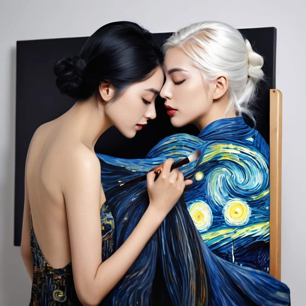 two girls hugging one girl with white hair dark makeup staring at the viewer painting on the other girl's back with a brush the picture of starry night by van gough and the other girl with a naked back facing the wall with her jet black hair down high definition facial features and body features eyes nose lips photo realistic