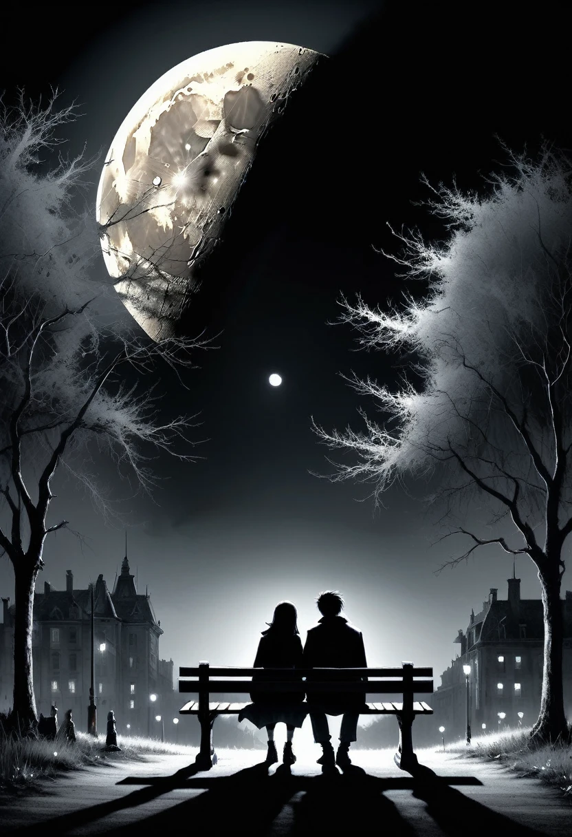 Ashley Wood style, dark scarlet background, chemiluminescence.  (Animation. Night, moon, city park, a guy and a girl are sitting on a bench holding hands and looking at the moon. Romance) (minimalism: 1), ray tracing details...Stephen Gammell style - Iai in the style of Stephen Gammell
