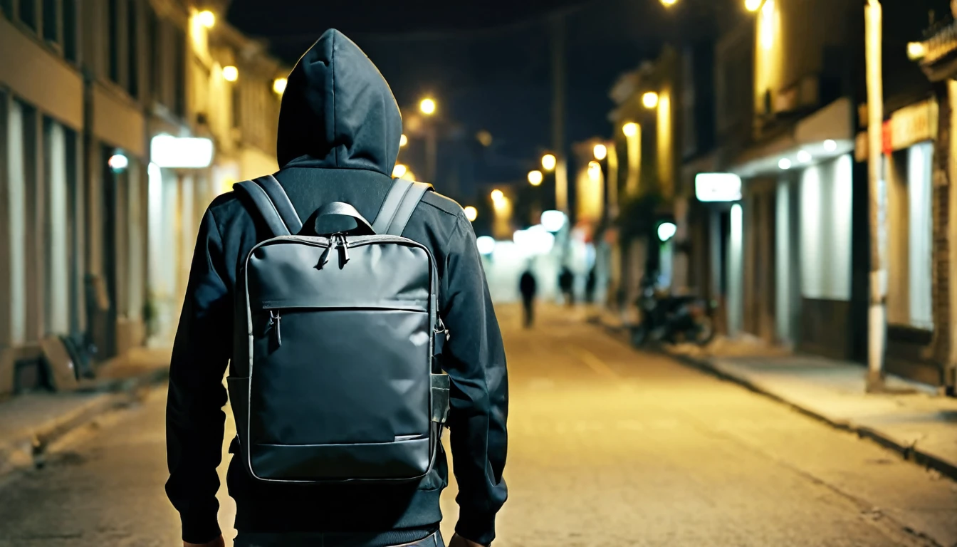 delivery man, square backpack on his back, alone on the street, sinister, macabre night