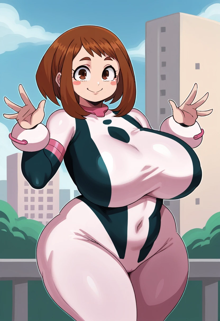 score_9, score_8_up, score_7_up, source_anime,
ochakouraraka, ochako uraraka, brown eyes, brown hair, short hair, blush, blush stickers, smile,
bodysuit, skin tight, superhero,
outdoors, cityscape,
looking at viewer, cowboy shot, huge breasts, curvy, dynamic pose,S2Z0n1c21.5XL style, smile